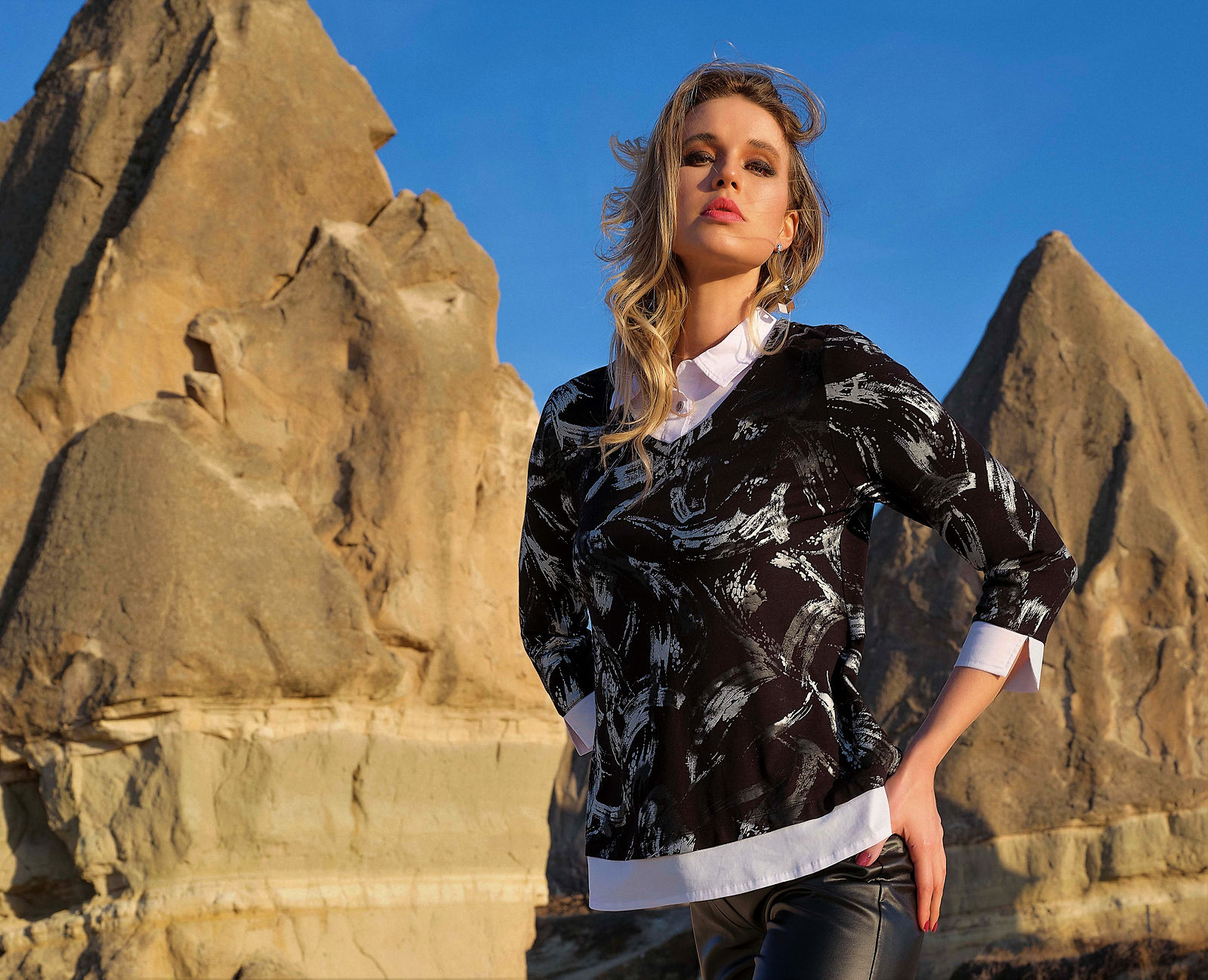 Dolcezza "Silver Brush Strokes" Layered-Look Top 73142